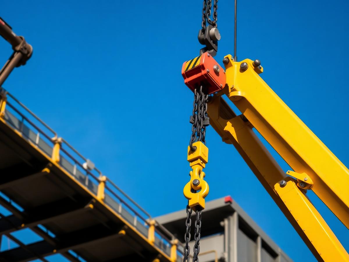 Crane hook block and lifting chains against a clear blue sky
